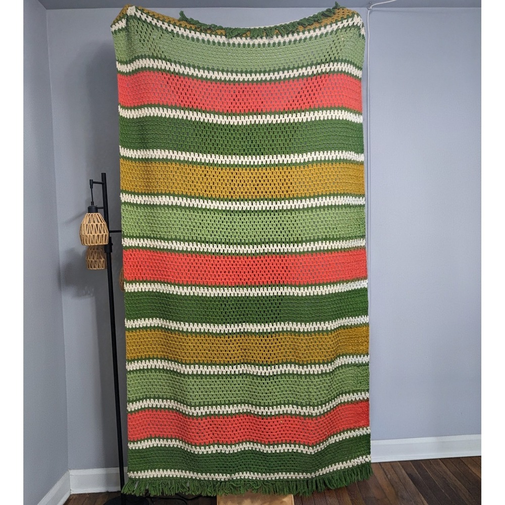 Vintage Handmade Crochet Afghan Throw Blanket Retro Green Orange Yellow Striped